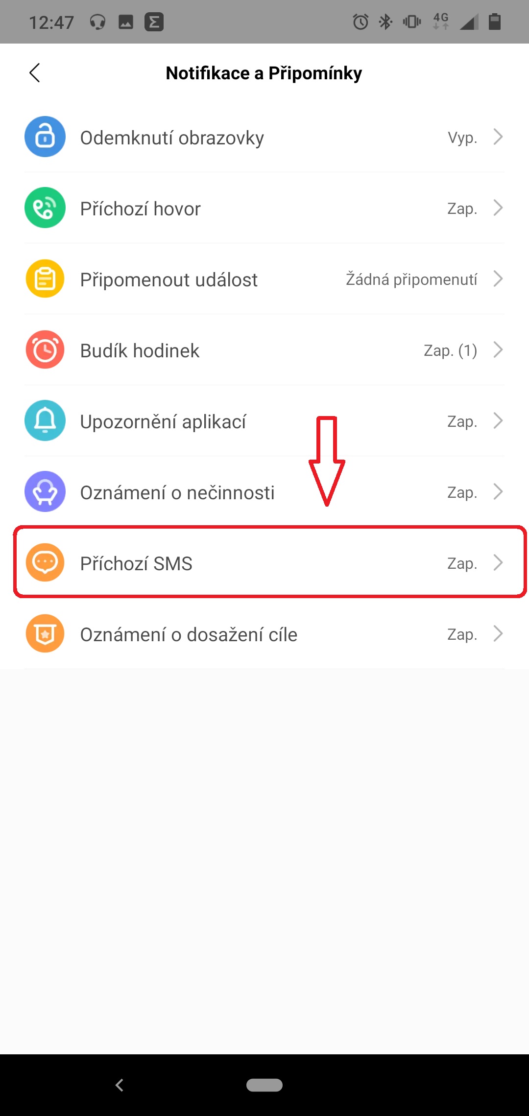 notifikace menu sms